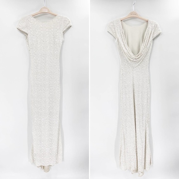 Badgley Mischka Sequined Draped Cowl Back Cap Sleeve Formal Maxi Gown Size 4 - Picture 2 of 8